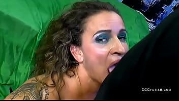 Play Tattooed milf riding hard cocks and swallows cums